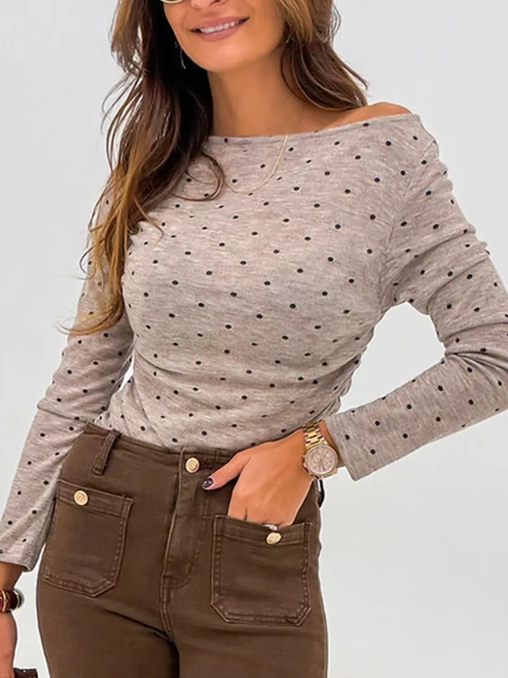 Polka Dot Boat Neck Knit Long Sleeve T Shirt, image 7