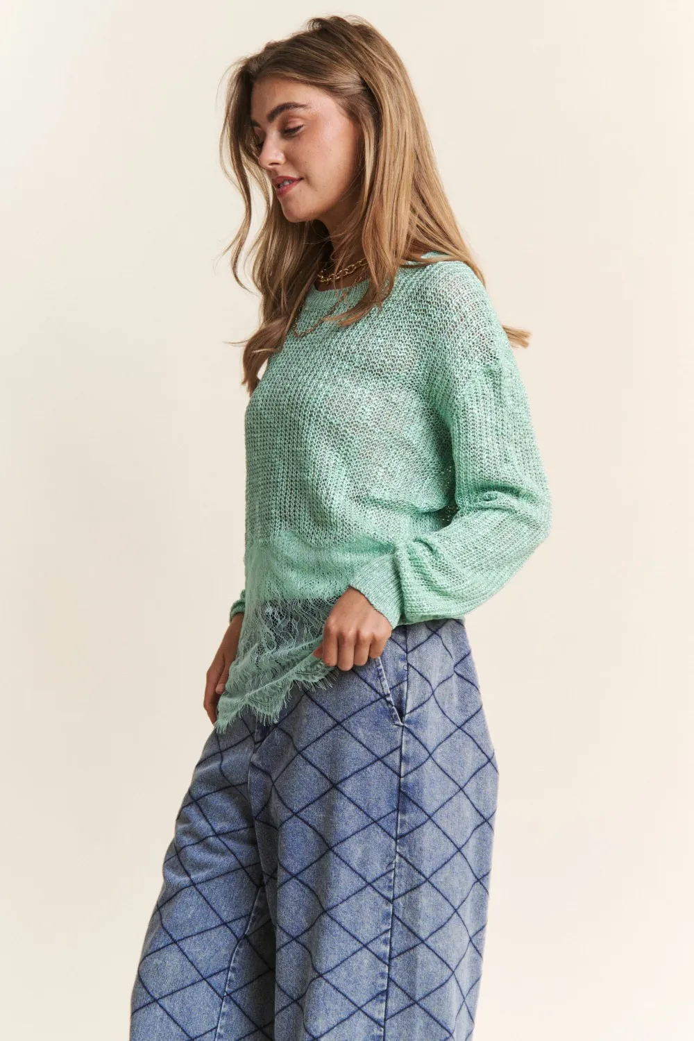 Lace Detail Long Sleeve Knit Top, image 3