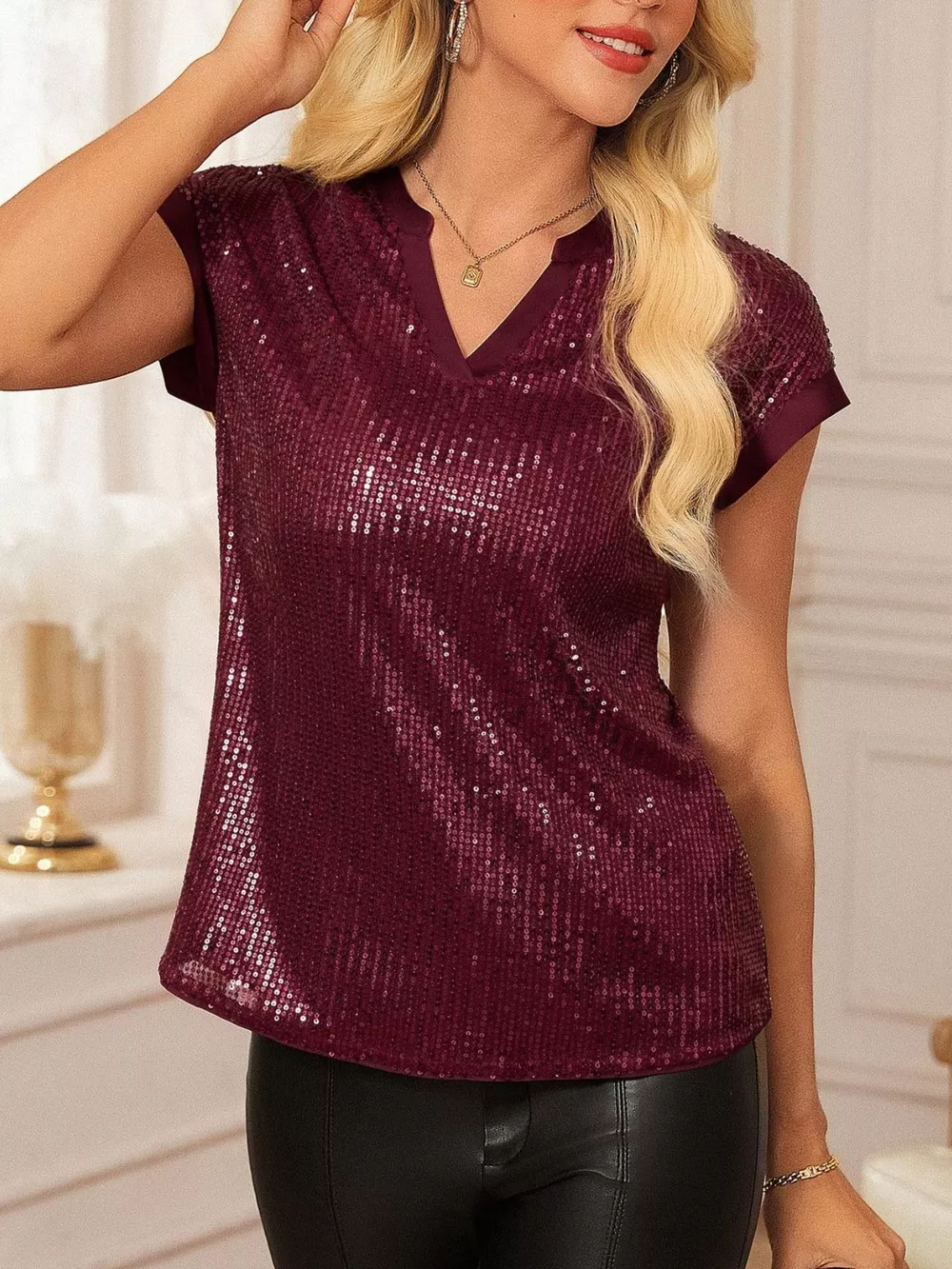 Sequin Notched Cap Sleeve Blouse, image 17