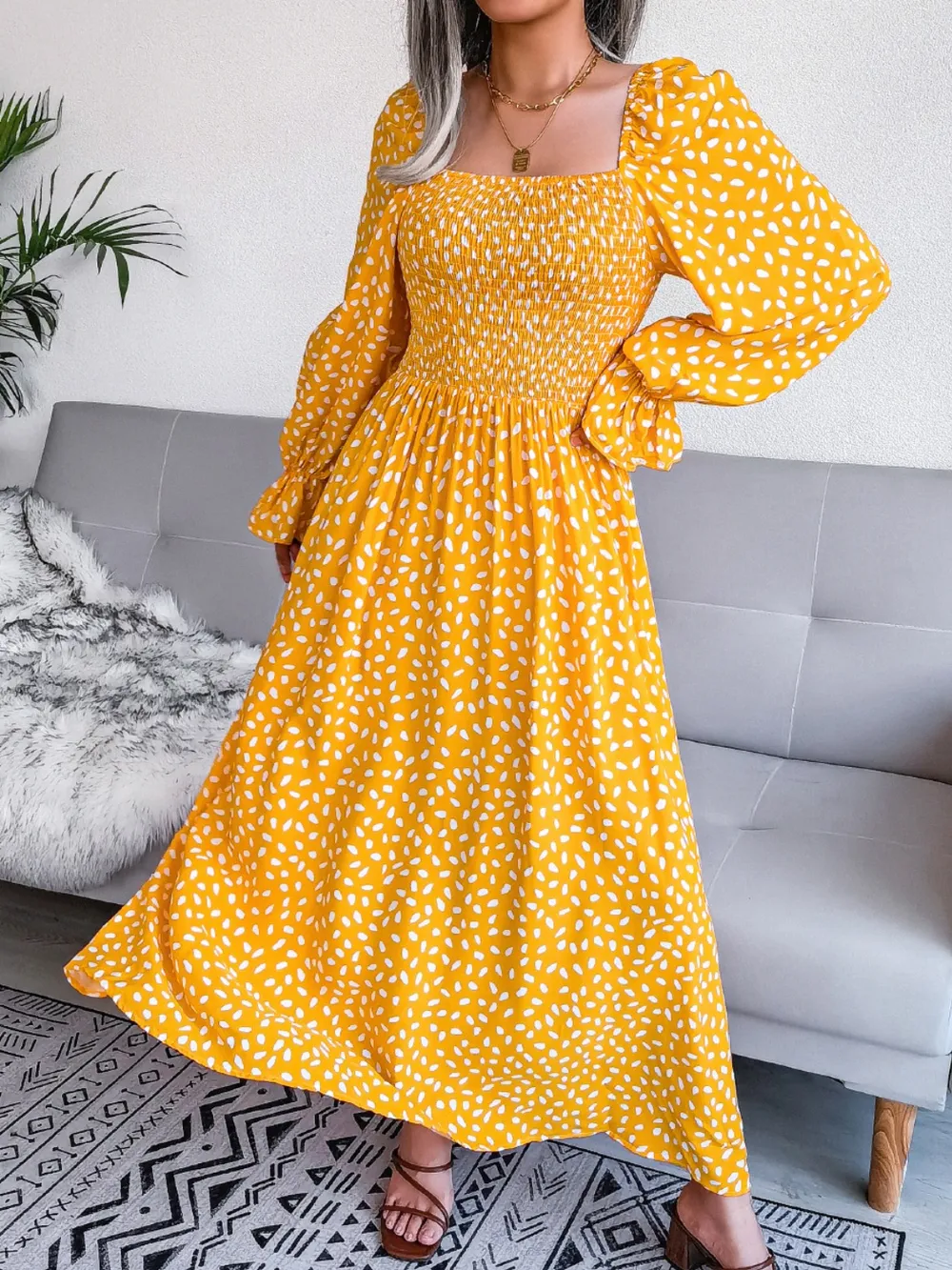 Smocked Square Neck Flounce Sleeve Dress, image 5