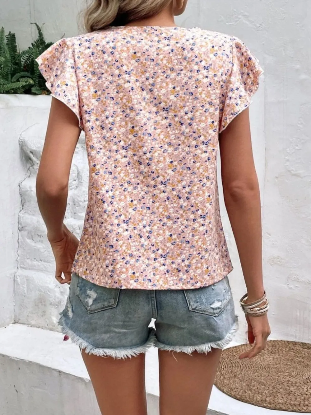 Ditsy Floral Round Neck Cap Sleeve Top, image 6