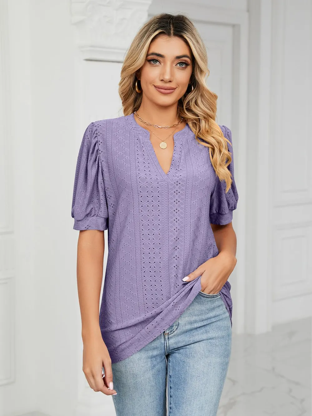Eyelet Notched Short Sleeve T-Shirt, image 21