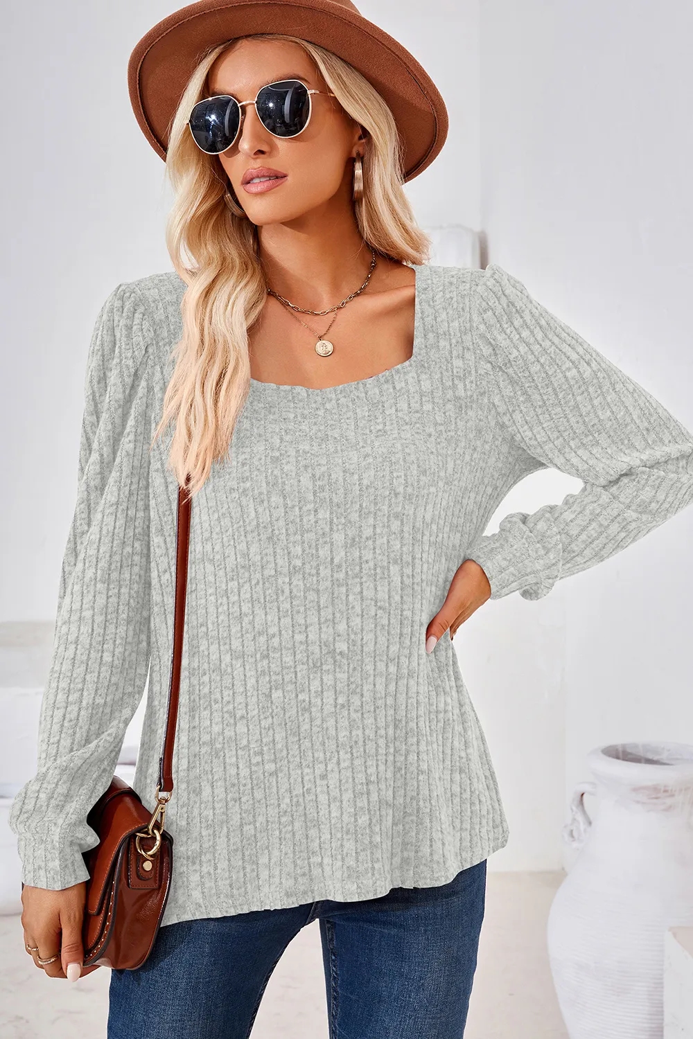 Ribbed Square Neck Long Sleeve T-Shirt, image 13