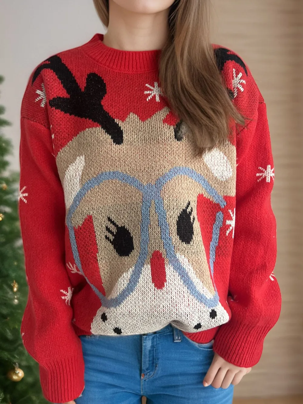 Reindeer Round Neck Dropped Shoulder Sweater, image 3