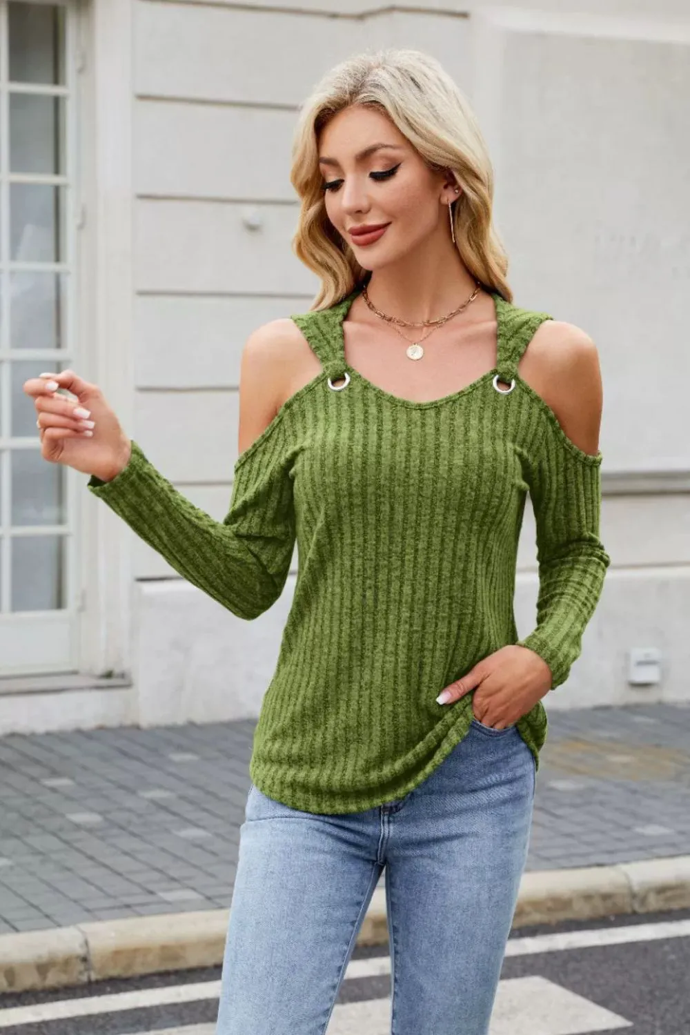 Ribbed Cold Shoulder Long Sleeve Top, image 9