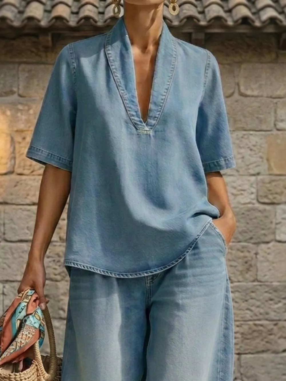 Full Size Half Sleeve Top and Wide Leg Pants Set Plus Size, image 3