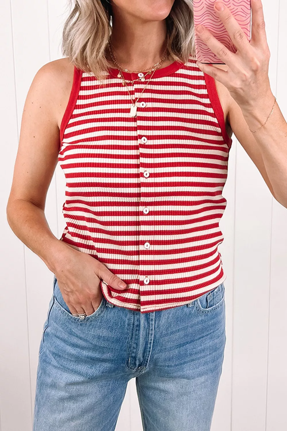 Stripe Buttoned Ribbed Knit Tank Top, image 6