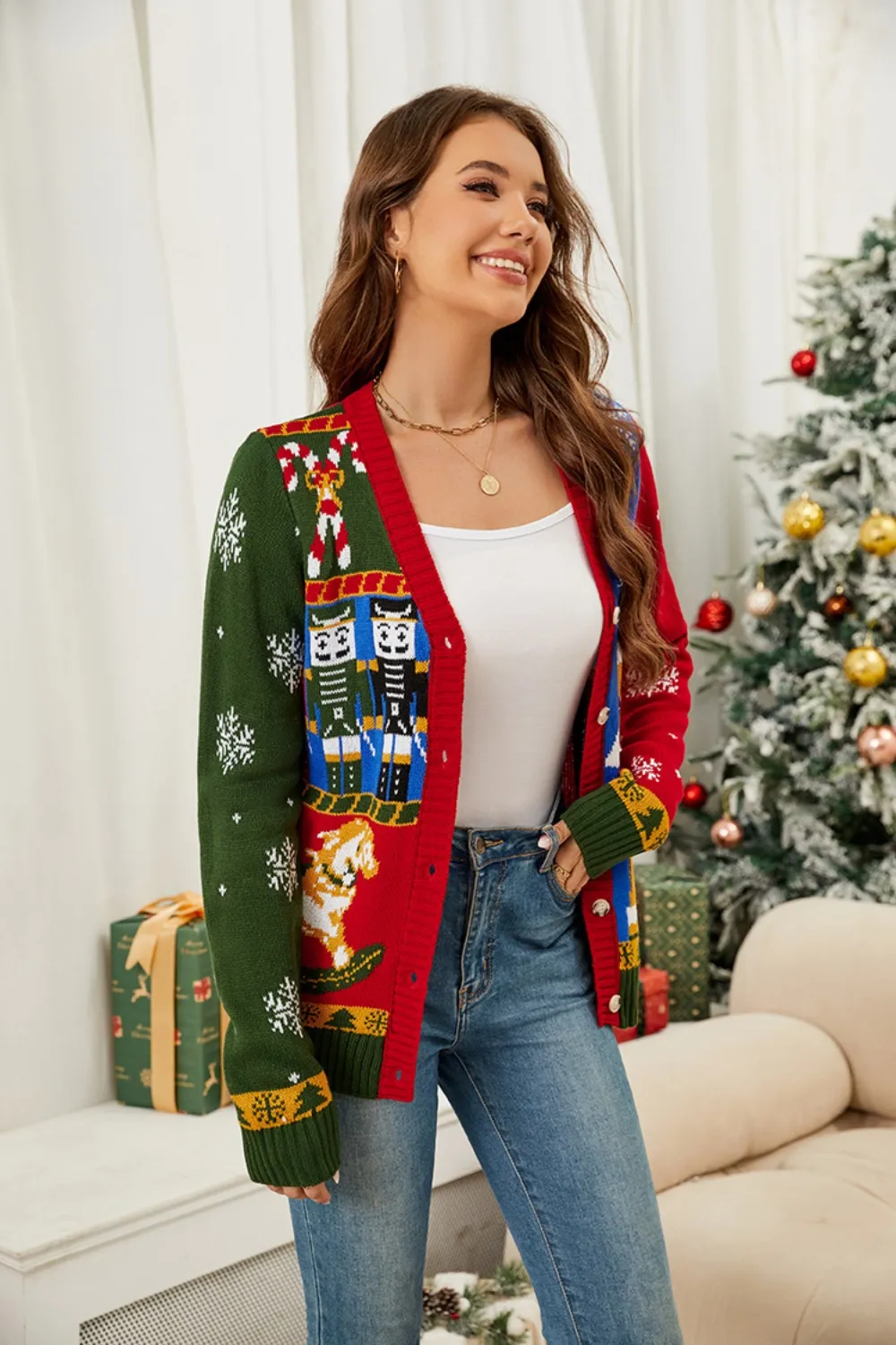 Nutcracker Contrast V-Neck Long Sleeve Cardigan, image 4
