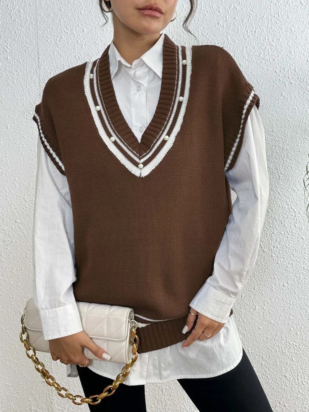 Pearl Trim Contrast V-Neck Sweater Vest, image 5