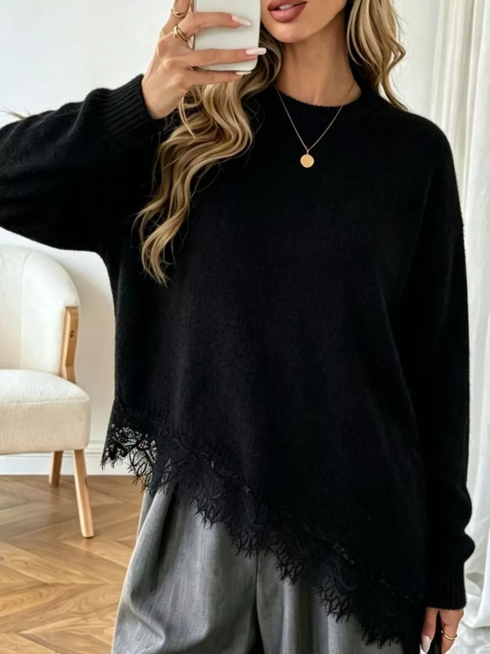 Round Neck Sweater with Asymmetric Lace Hem