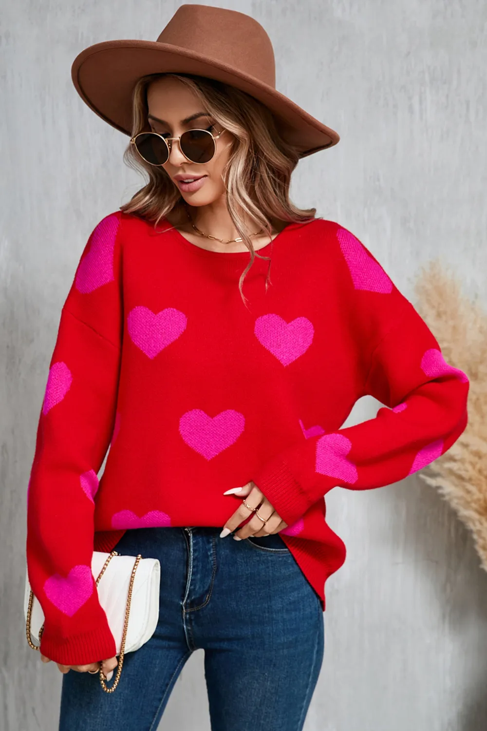 Heart Round Neck Dropped Shoulder Sweater, image 8