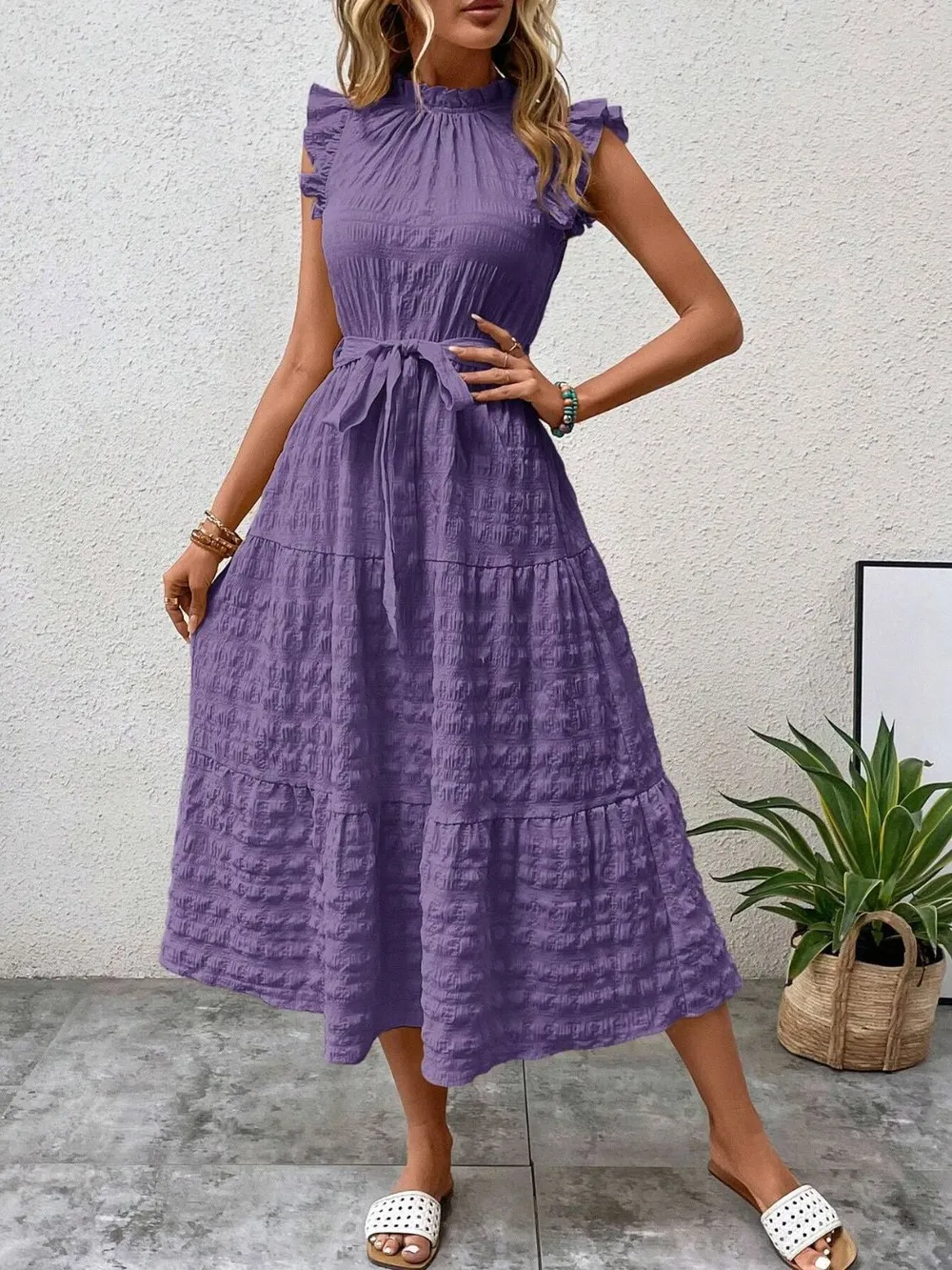 Tied Ruffled Cap Sleeve Midi Dress, image 12