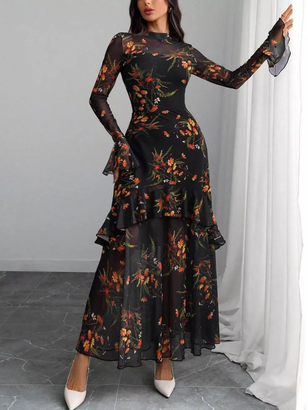 Floral Print Flounce Sleeve Mermaid Maxi Dress, image 4