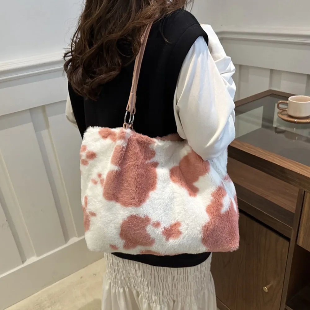 Cow Print Furry Tote Bag, image 8