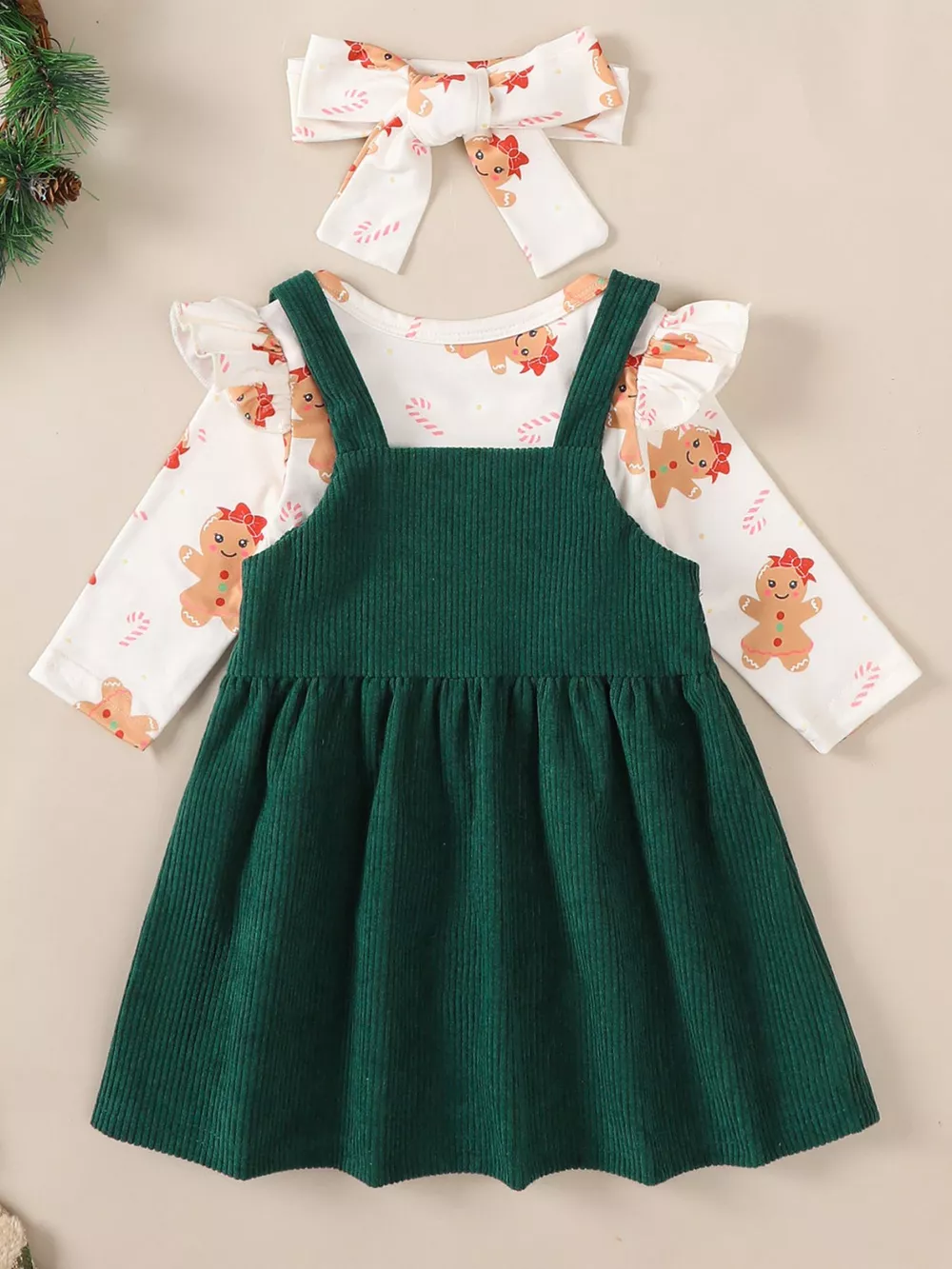 Children's Christmas Bodysuit and Overall Dress Set with Headband, image 3