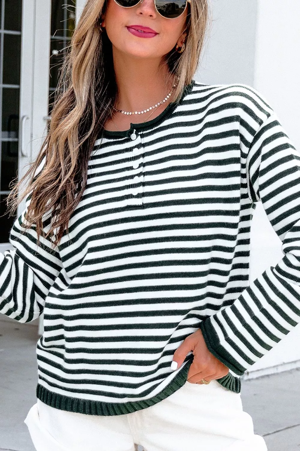 Striped Button Placket Drop Shoulder Long Sleeve Sweater, image 15