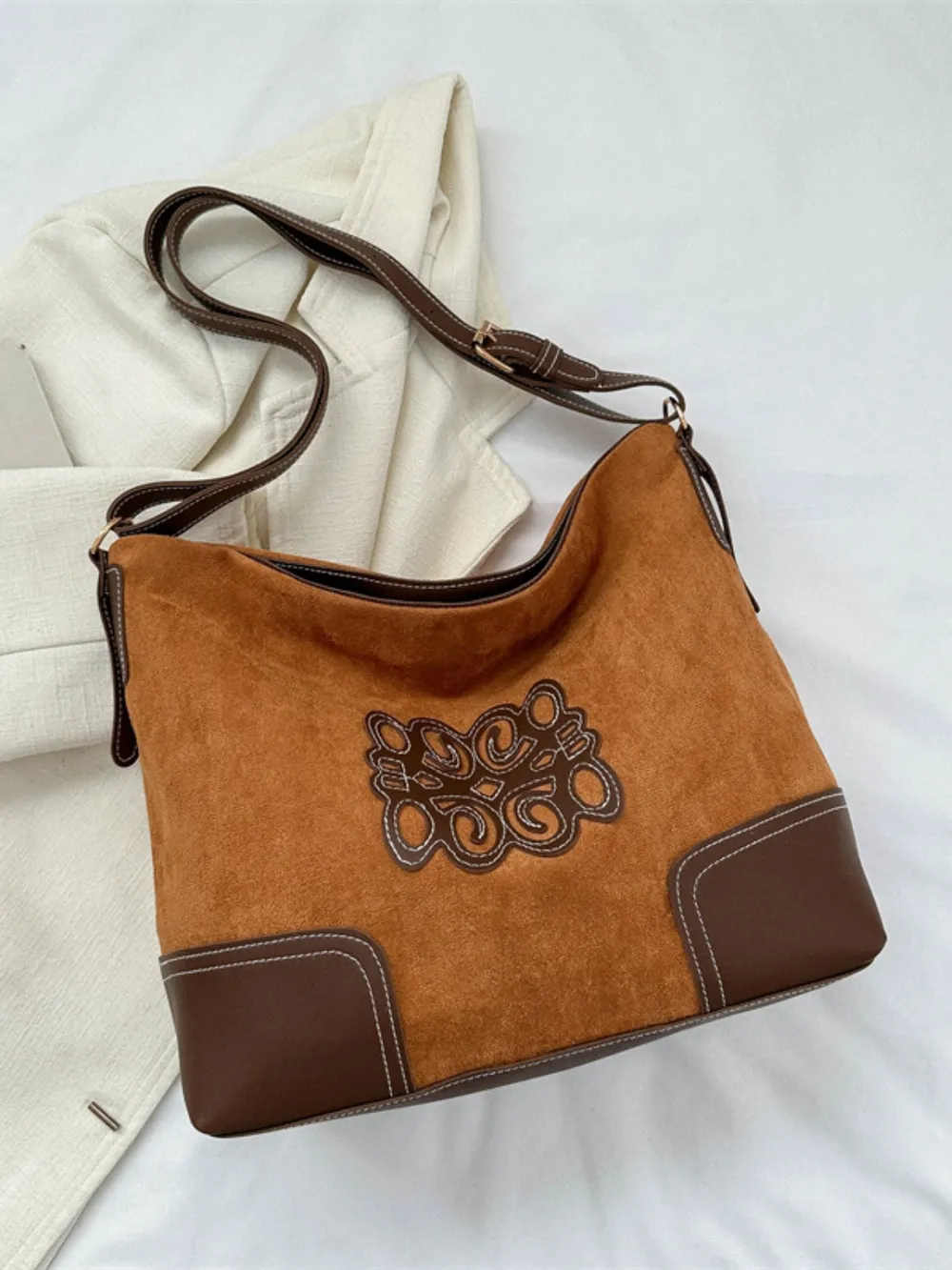 Suede Patch Adjustable Strap Tote Bag, image 12