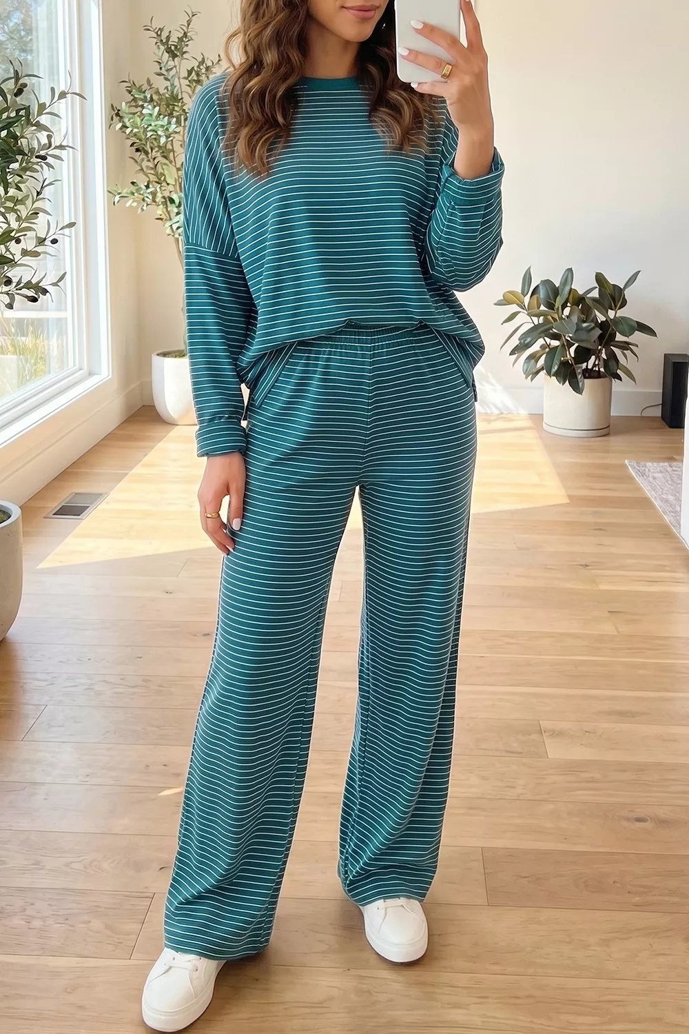 Stripe Dropped Shoulder Long Sleeve Top Elastic Waist Pants Casual 2pcs Set, image 5
