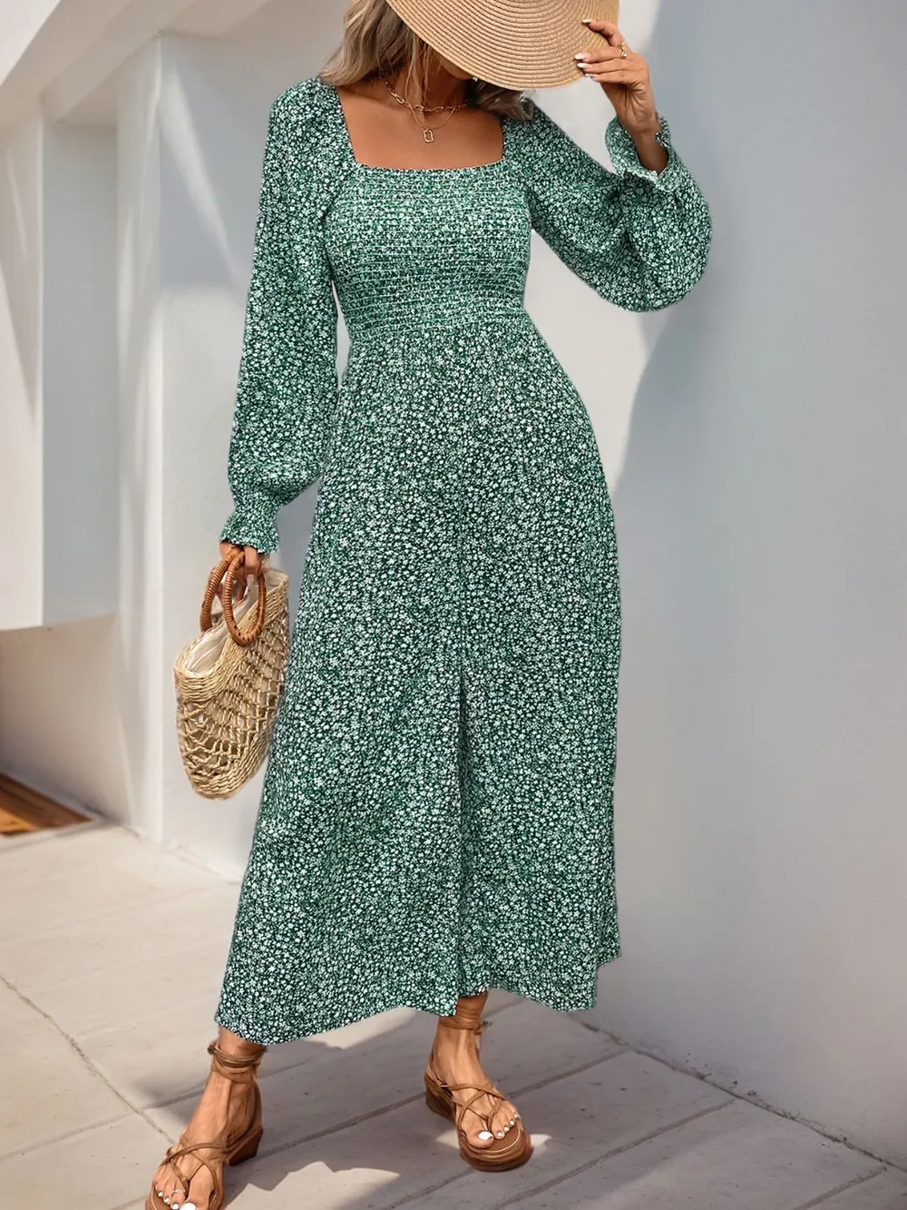 Smocked Printed Long Sleeve Wide Leg Jumpsuit, image 5