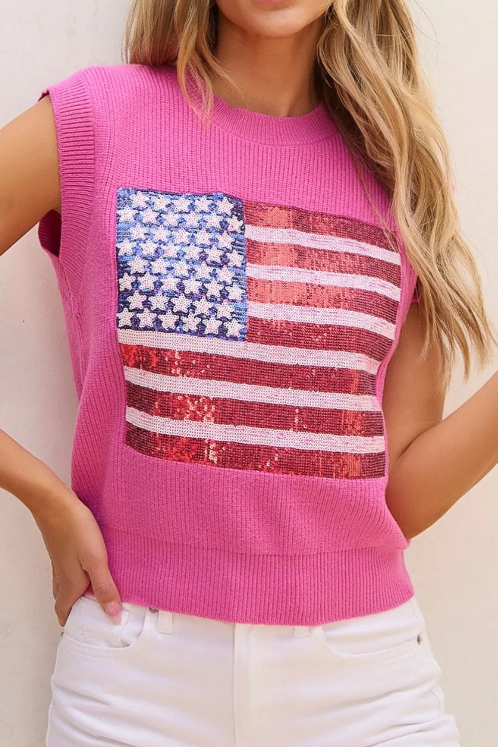 Sequin US Flag Round Neck Sweater Vest, image 3