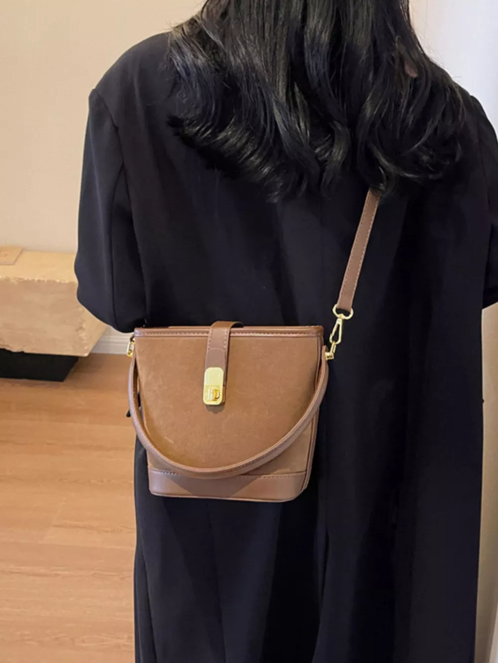 Gold Clasp Bucket Crossbody Bag, image 2