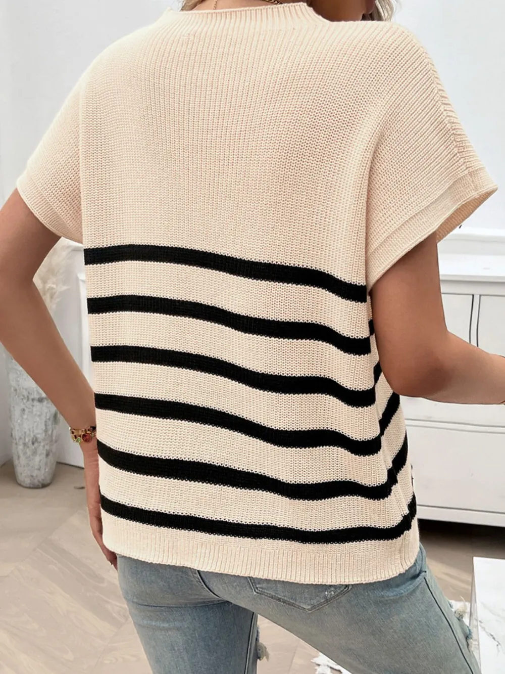 Striped Round Neck Short Sleeve Sweater, image 3