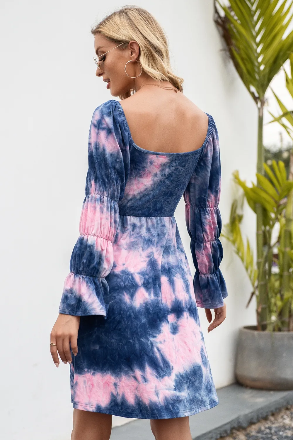Tie-Dye Square Neck Flounce Sleeve Dress, image 6