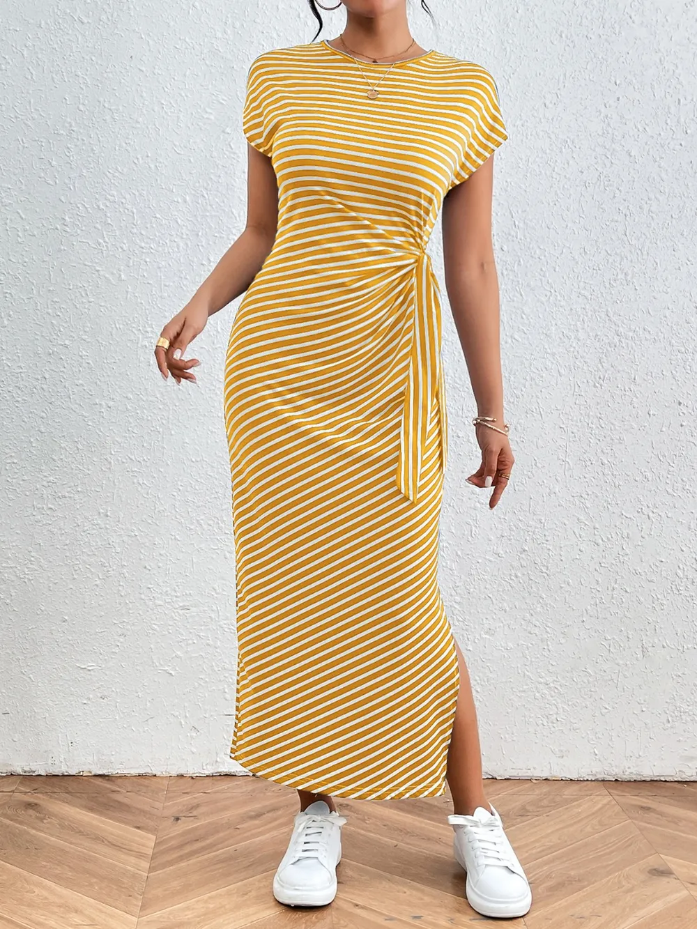 Tied Striped Round Neck Short Sleeve Tee Dress, image 9