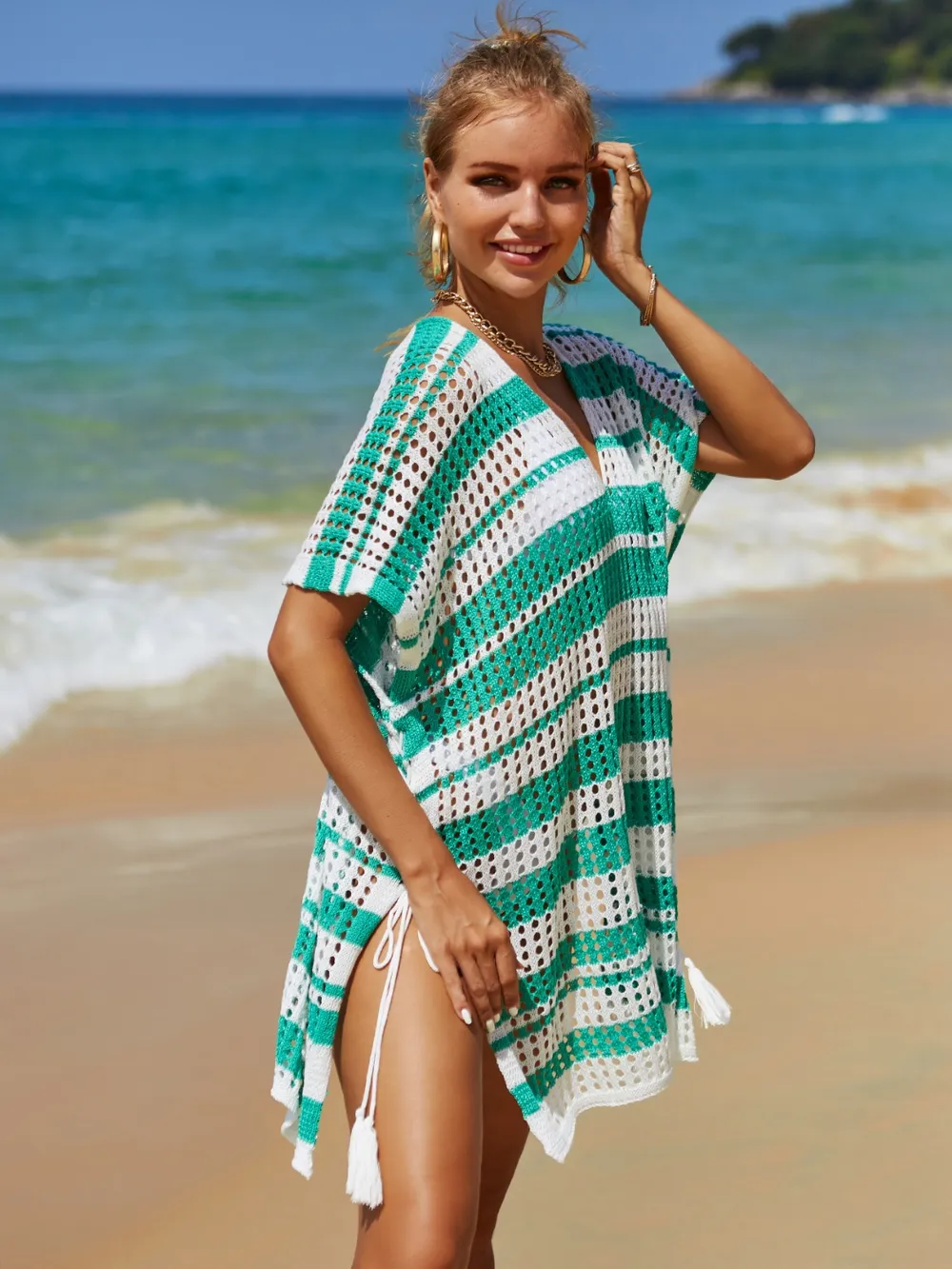 Tassel Openwork Striped V-Neck Cover Up, image 9