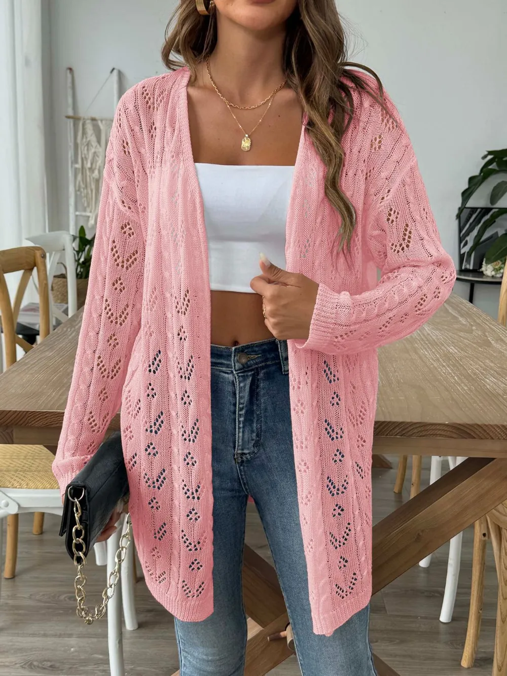 Openwork Open Front Long Sleeve Cardigan, image 7