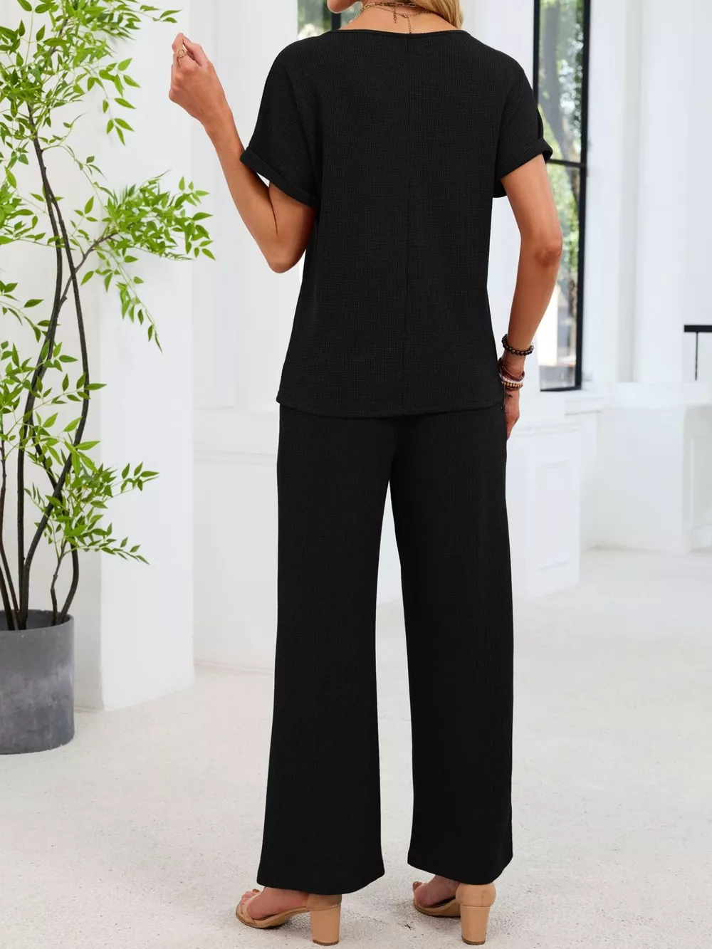 Lace Detail Short Sleeve Top and Pants Set, image 8