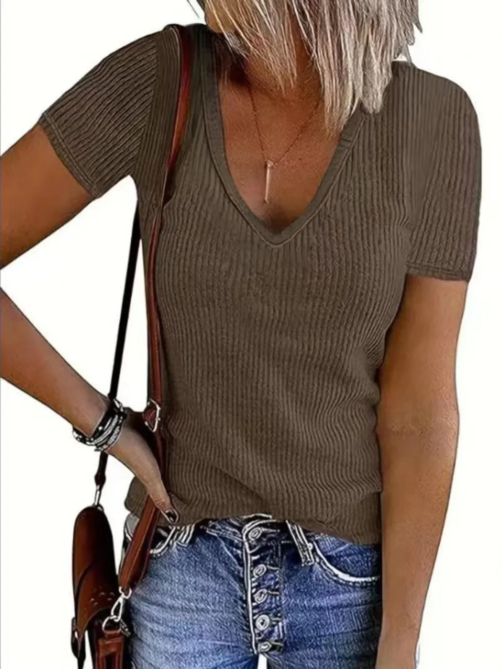 Solid V-Neck Short Sleeve T-Shirt, image 2
