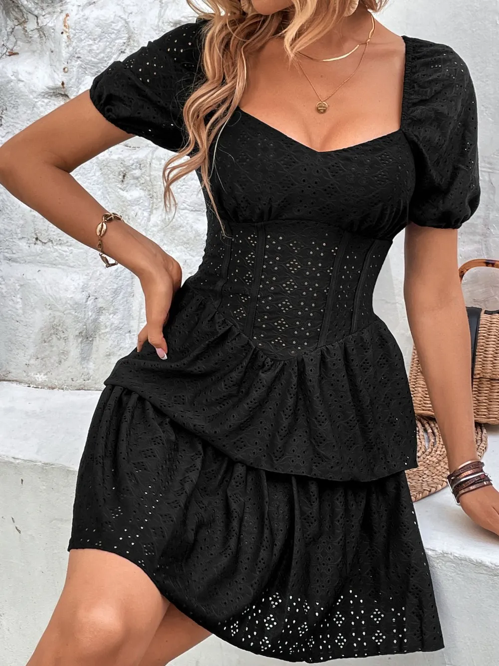 Layered Eyelet Short Sleeve Mini Dress, image 4