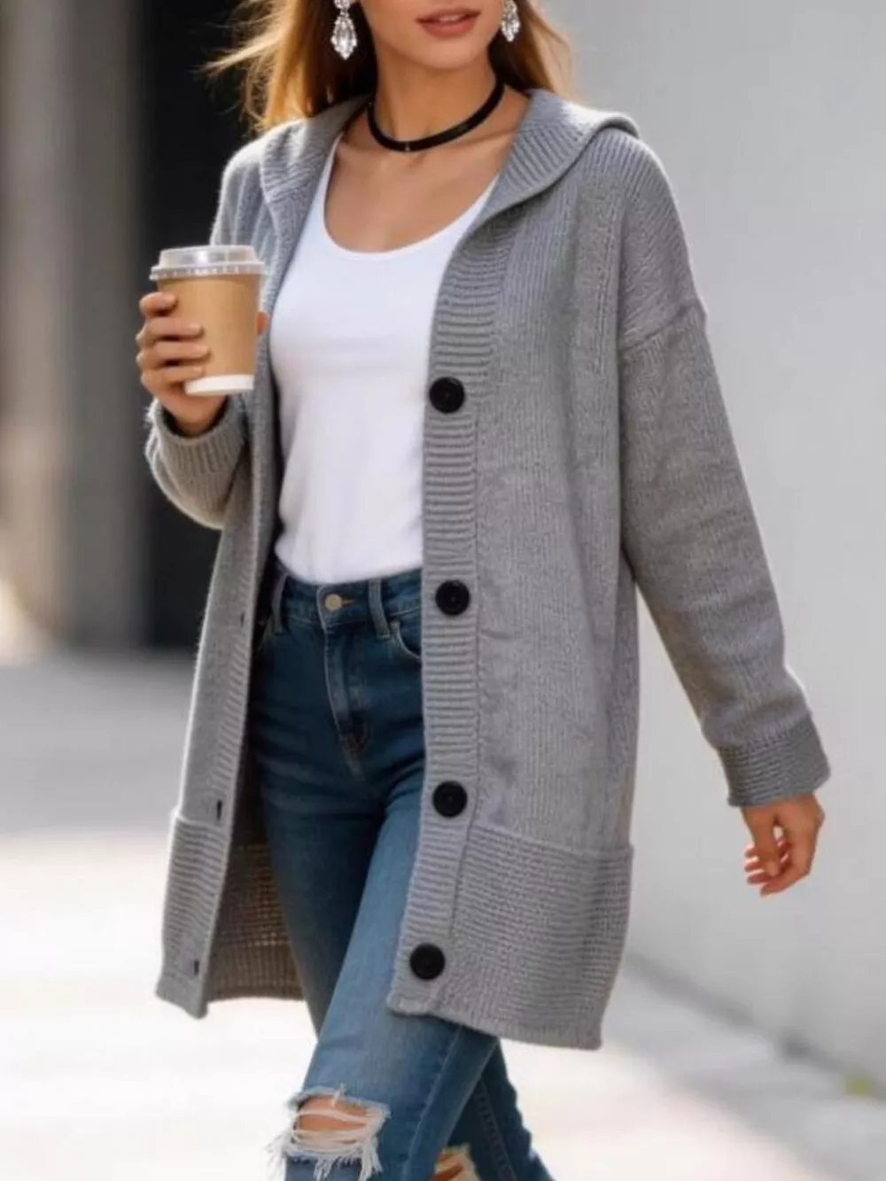 Full Size Casual Hooded Button-Down Knit Cardigan Plus Size, image 2