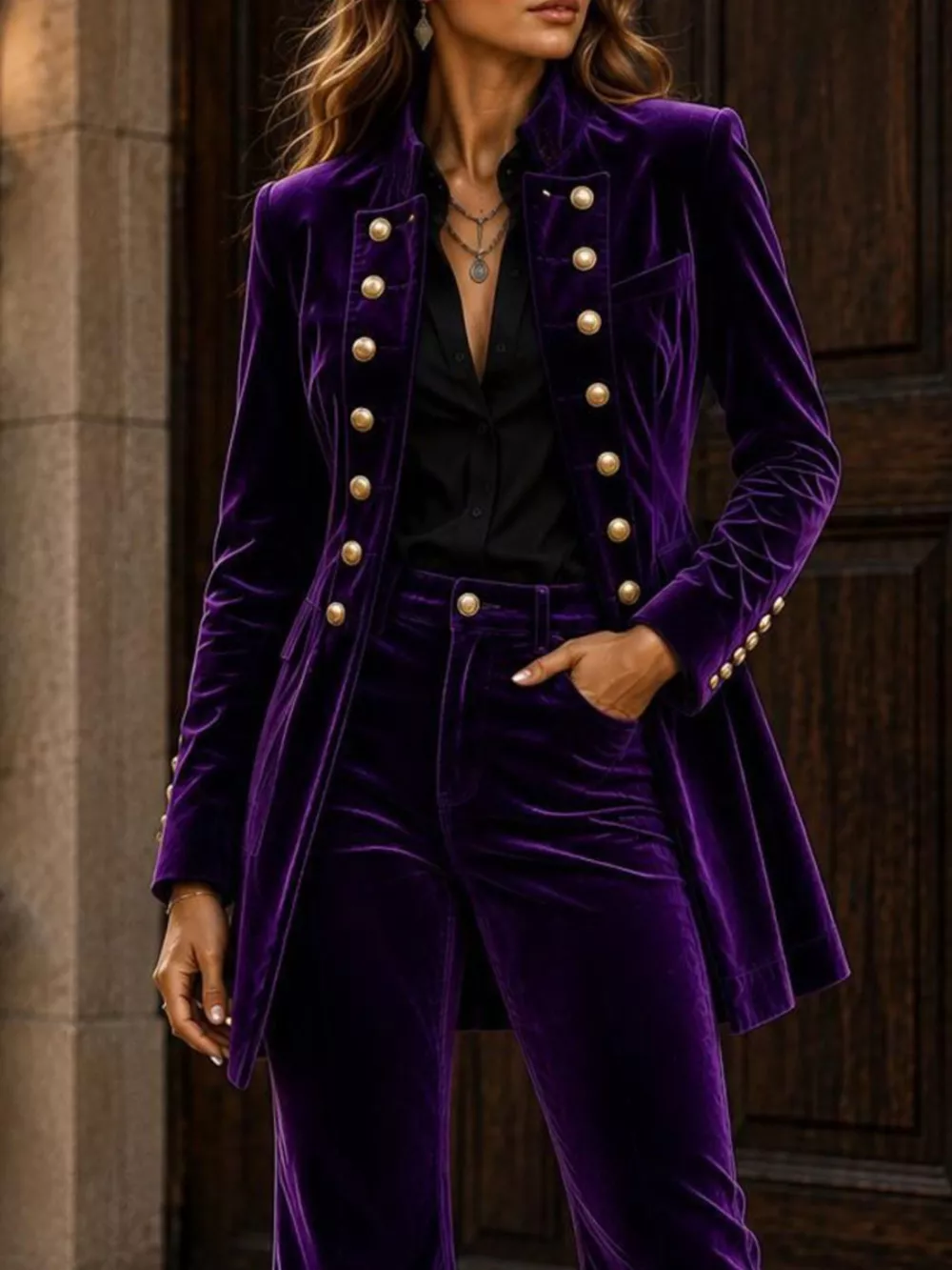 Velvet Double-Breasted Blazer and Flare Pants Set, image 14