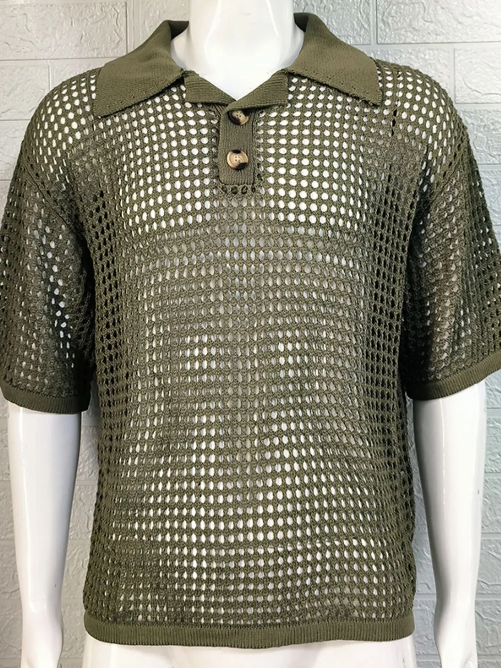 Men's Plus Size Openwork Collared Neck Quarter Button Knit Polo, image 4
