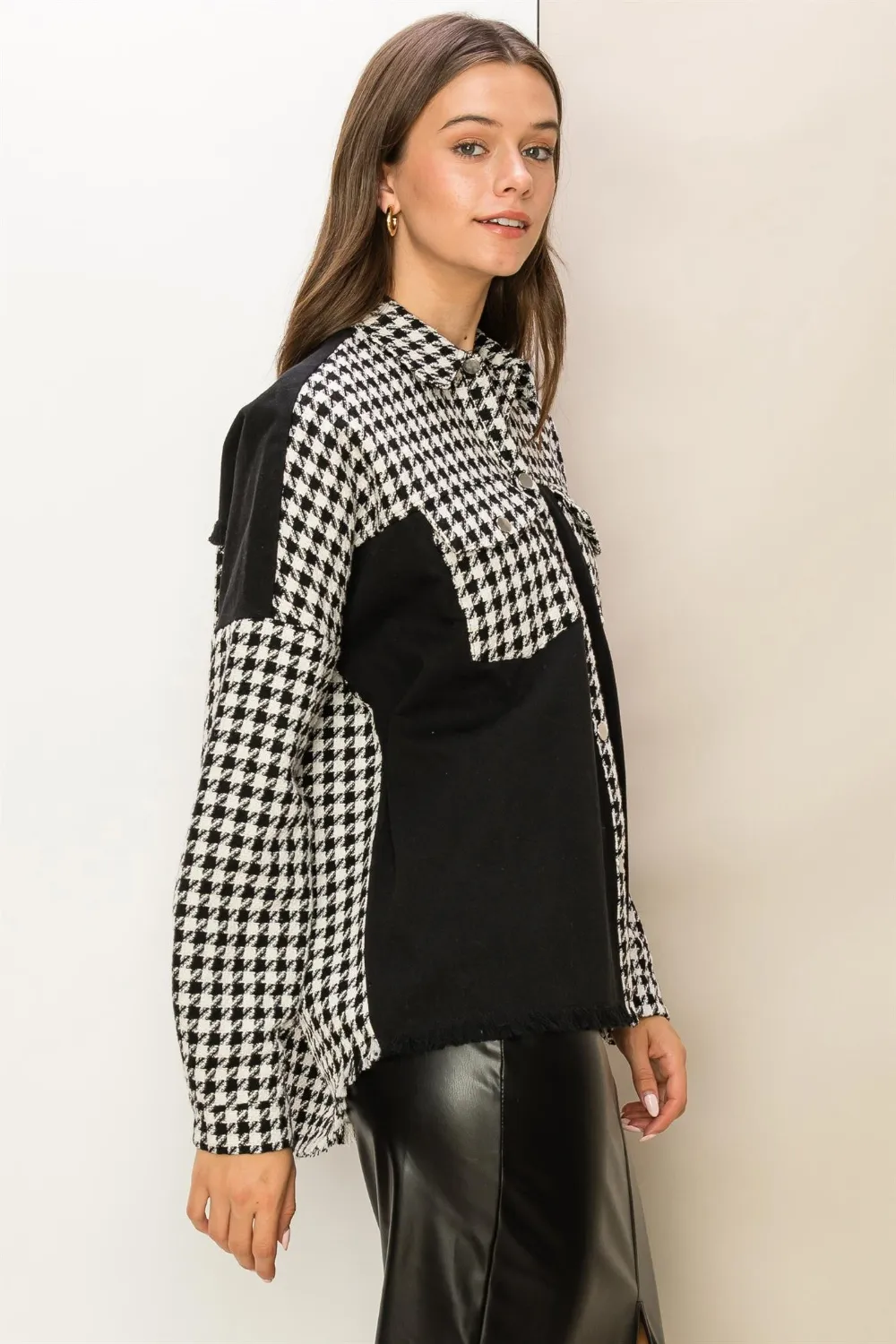 Houndstooth Contrast Raw Hem Jacket, image 3