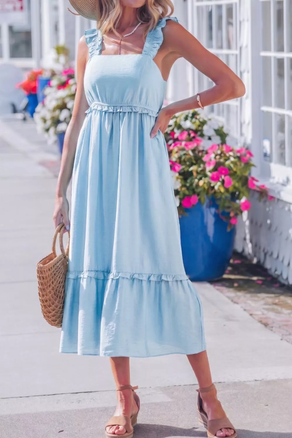 Solid Color Ruffle Trim High Waist Sleeveless Dress, image 4