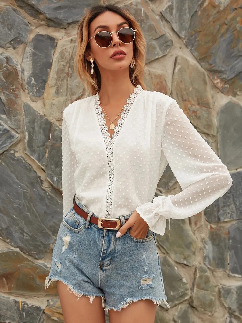 Lace Detail V-Neck Swiss Dot Blouse, image 6