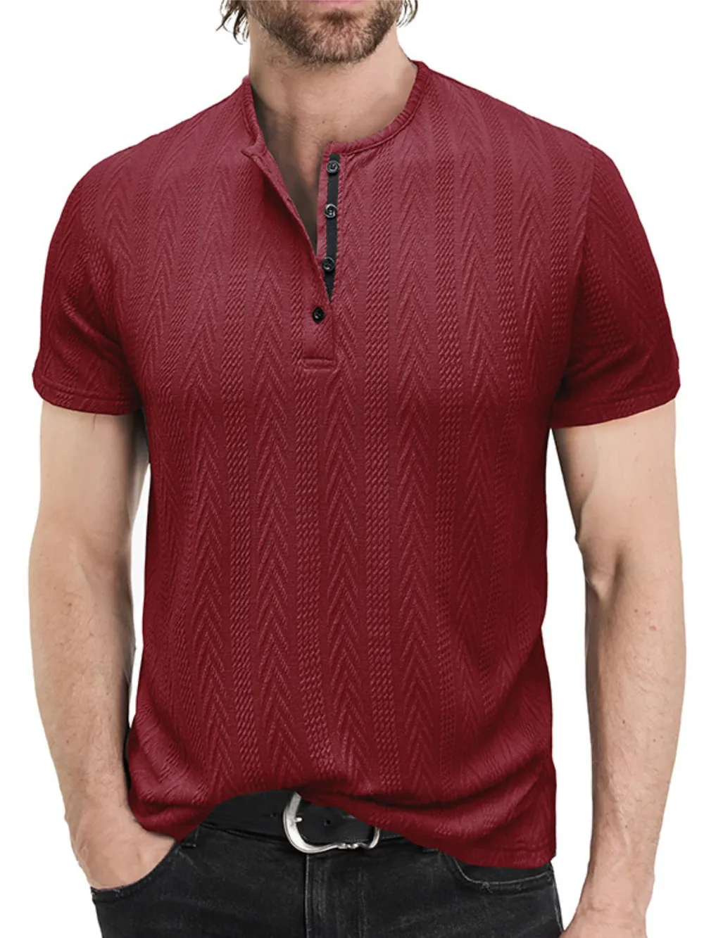 Men's Textured Chevron Pattern Henley Polo Shirt, image 8
