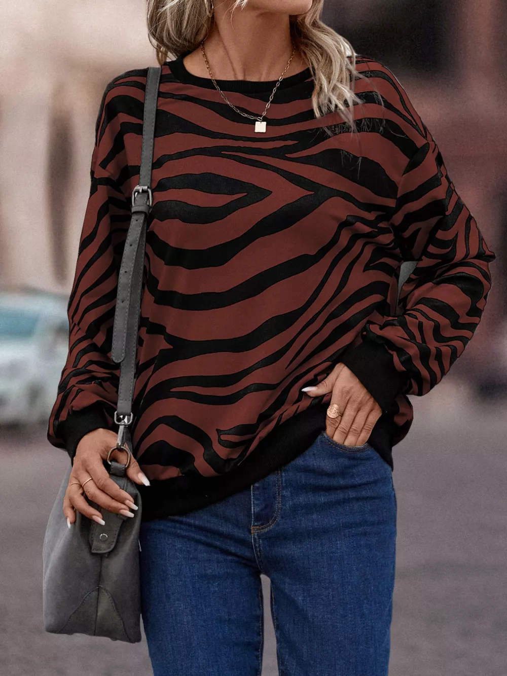 Zebra Print Round Neck Casual Sweatshirt, image 8