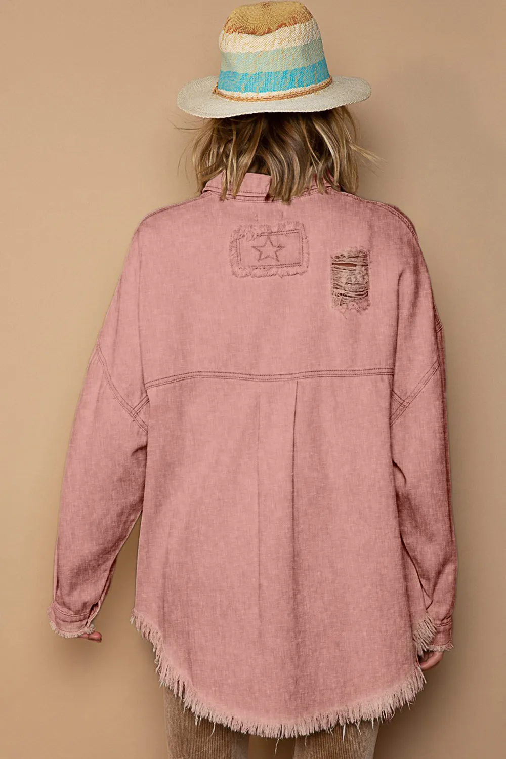 Button Down Raw Hem Distressed Shacket, image 2