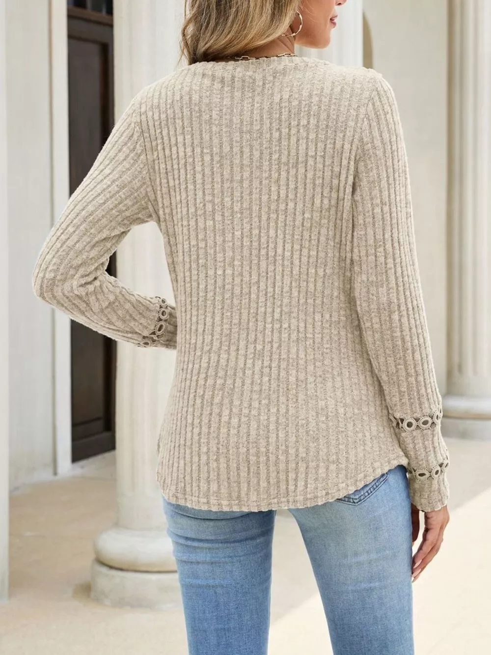 V-Neck Ribbed Knit Top with Eyelet Cuff Detail, image 6