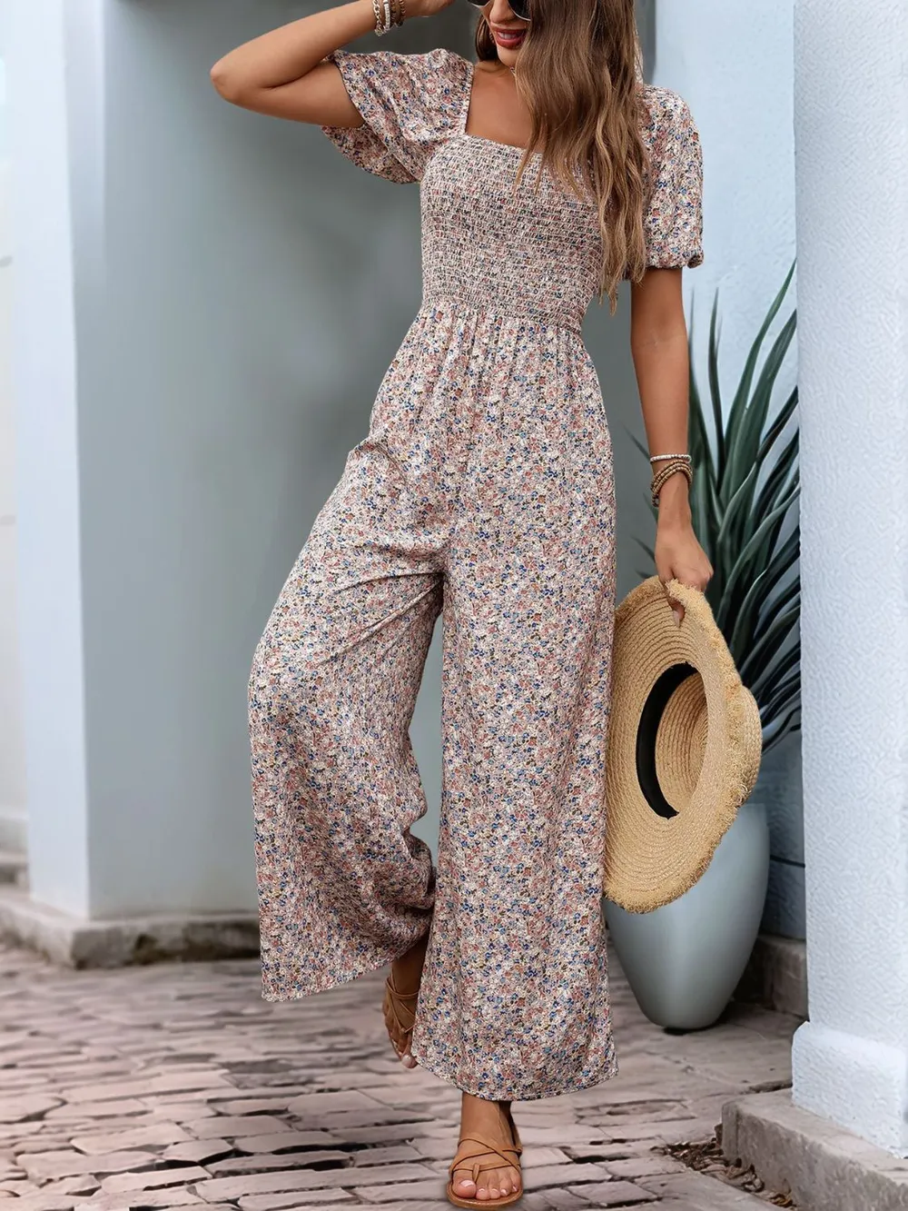 Ditsy Floral Smocked Square Neck Puff Sleeve Jumpsuit, image 4