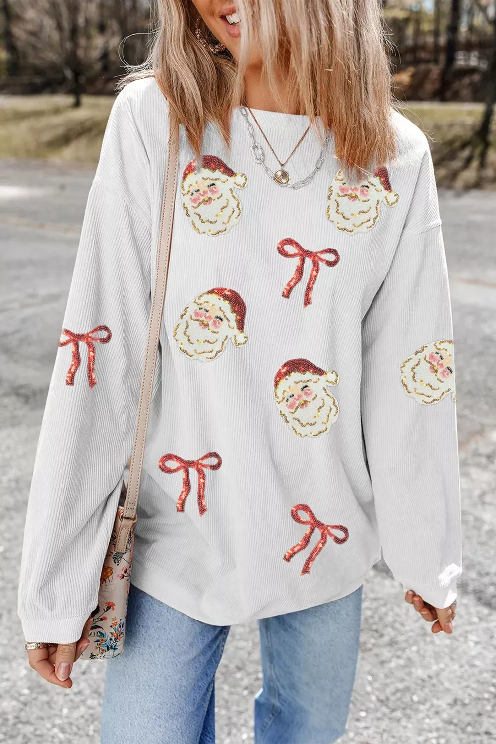 Full Size Corded Rib Sequin Santa Bow Patched Drop Shoulder Sweatshirt Plus Size, image 3