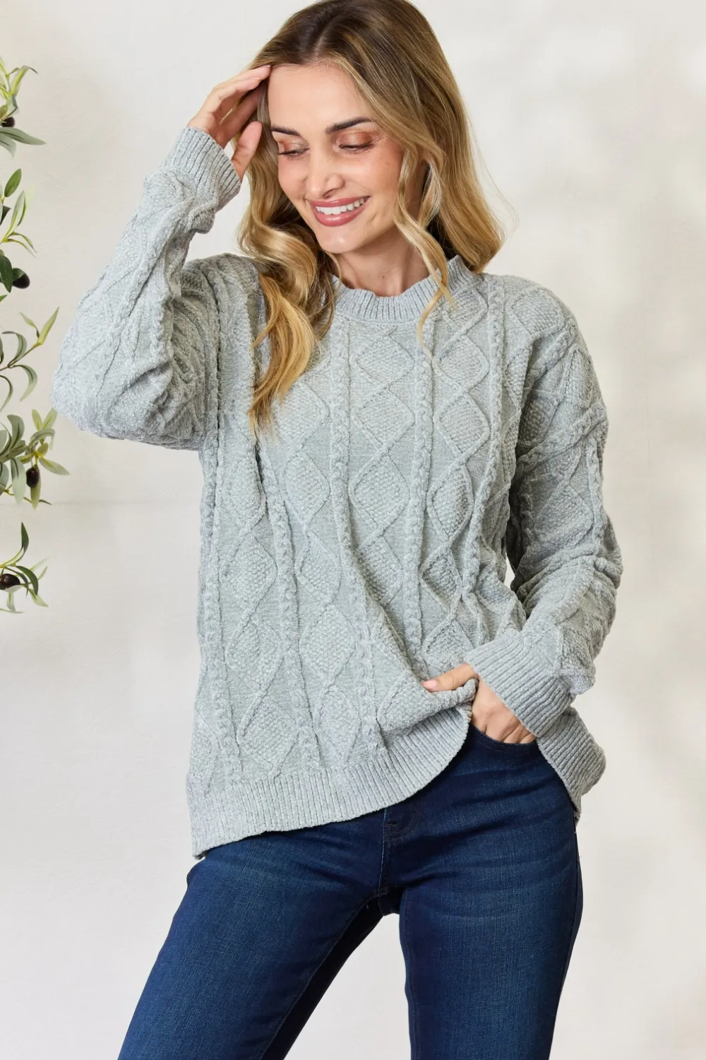 Cable Knit Round Neck Sweater, image 2