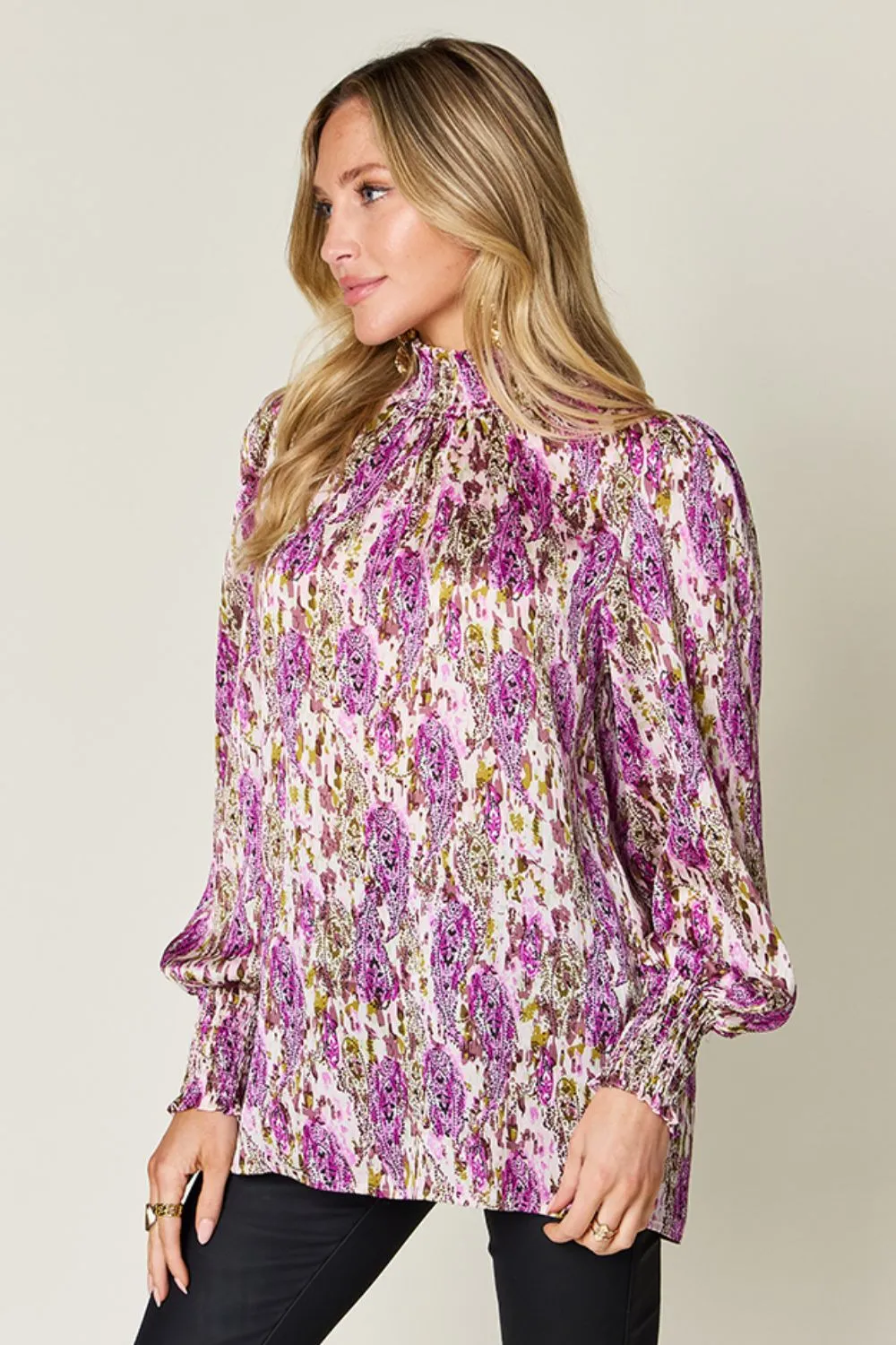 Full Size Printed Smocked Long Sleeve Blouse, image 24