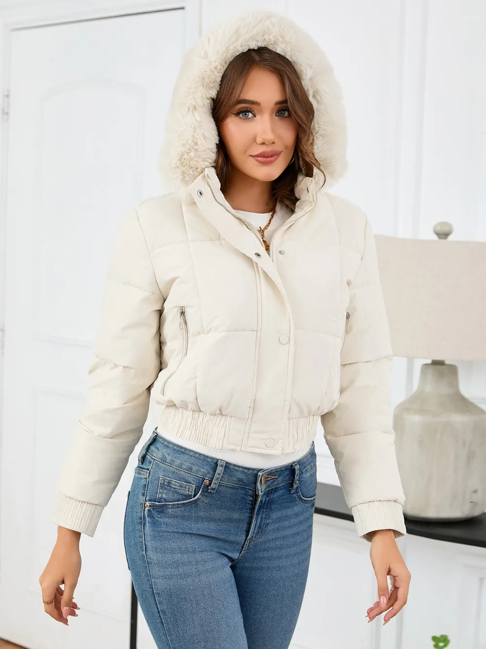 Pocketed Long Sleeve Cropped Hooded Winter Coat, image 12