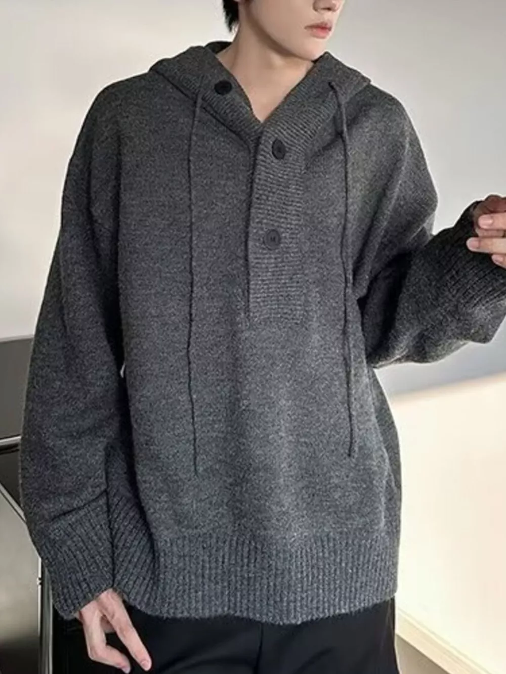 Men's Plus Size Hooded Button Detail Knit Sweater, image 5