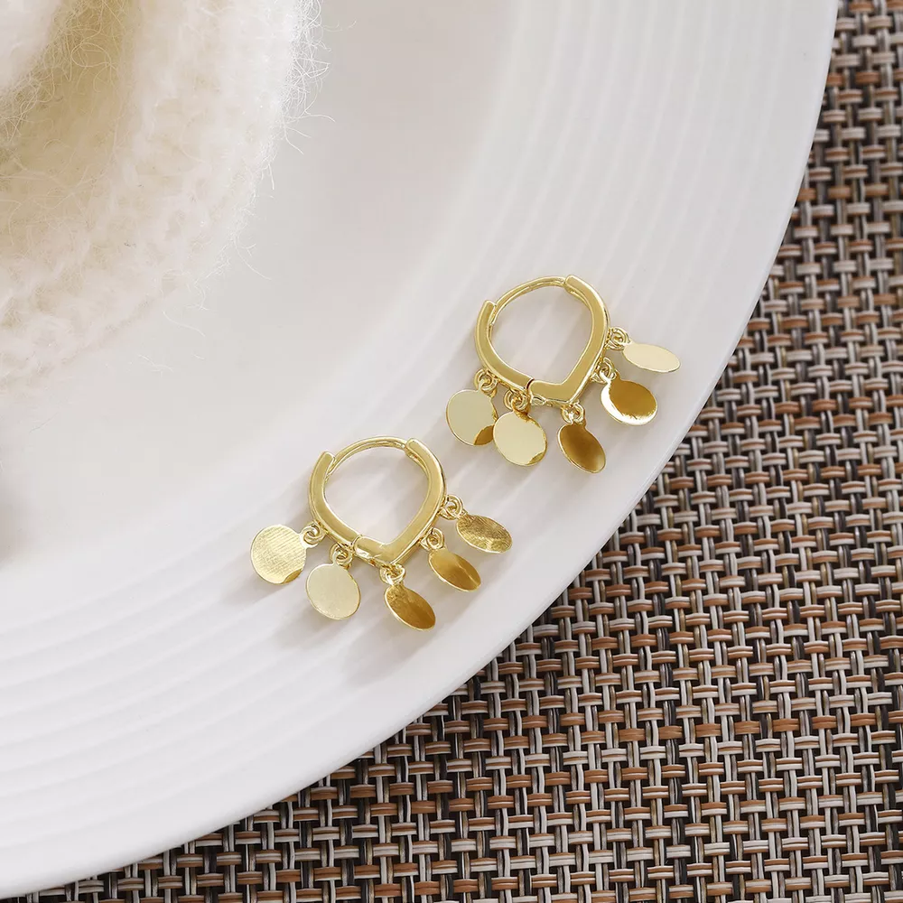 18K Gold-Plated Drop Hoop Earrings with Dangling Disc Charms, image 2